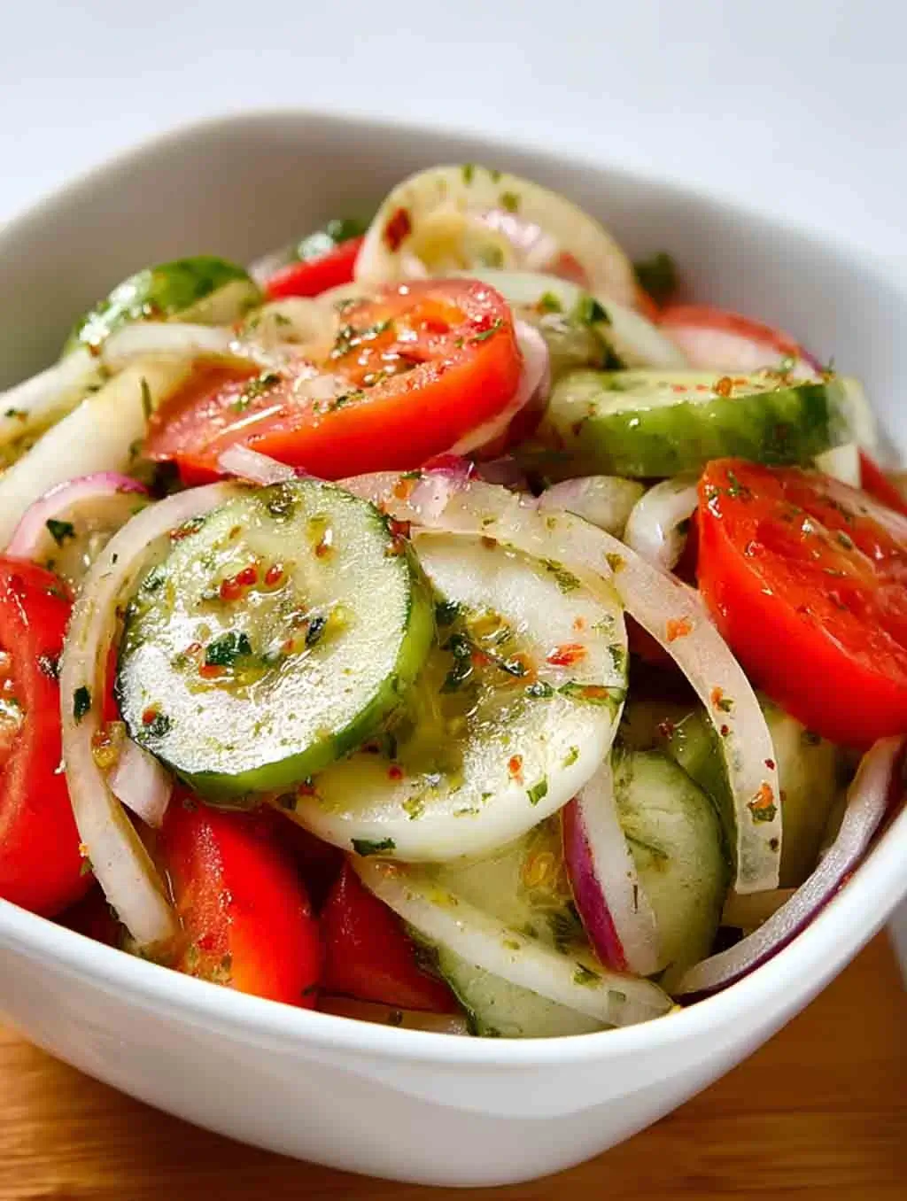 A white bowl filled with sliced cucumbers, tomatoes, and red onions marinated in a light vinaigrette with herbs, served as a fresh summer salad.