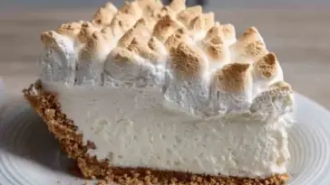 Close-up of a slice of Marshmallow Whip Cheesecake Heaven with a toasted marshmallow topping and graham cracker crust on a white plate.