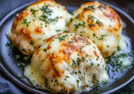 Close-up of three melted mozzarella and ranch chicken bombs on a dark plate, with golden bubbly cheese, stretchy mozzarella oozing out, and sprinkled with fresh herbs.
