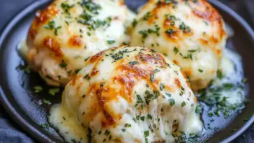 Close-up of three melted mozzarella and ranch chicken bombs on a dark plate, with golden bubbly cheese, stretchy mozzarella oozing out, and sprinkled with fresh herbs.