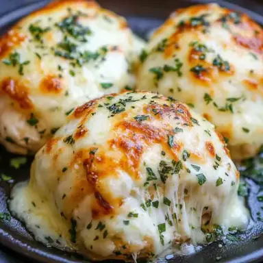 Close-up of three melted mozzarella and ranch chicken bombs on a dark plate, with golden bubbly cheese, stretchy mozzarella oozing out, and sprinkled with fresh herbs.