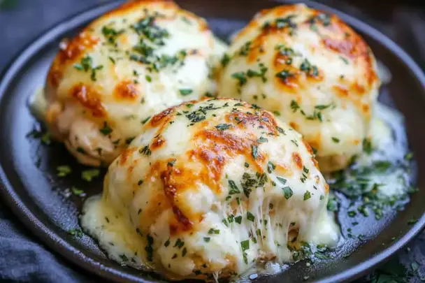 Close-up of three melted mozzarella and ranch chicken bombs on a dark plate, with golden bubbly cheese, stretchy mozzarella oozing out, and sprinkled with fresh herbs.