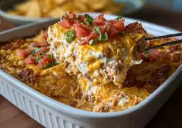 A close-up of a cheesy Mexican White Trash Casserole being scooped from a white baking dish, showing melted cheddar, seasoned ground beef, sour cream, and topped with fresh tomatoes and herbs.