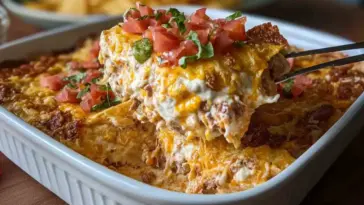 A close-up of a cheesy Mexican White Trash Casserole being scooped from a white baking dish, showing melted cheddar, seasoned ground beef, sour cream, and topped with fresh tomatoes and herbs.