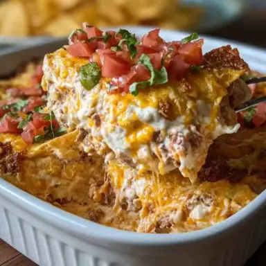 A close-up of a cheesy Mexican White Trash Casserole being scooped from a white baking dish, showing melted cheddar, seasoned ground beef, sour cream, and topped with fresh tomatoes and herbs.