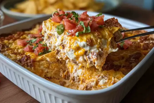 A close-up of a cheesy Mexican White Trash Casserole being scooped from a white baking dish, showing melted cheddar, seasoned ground beef, sour cream, and topped with fresh tomatoes and herbs.
