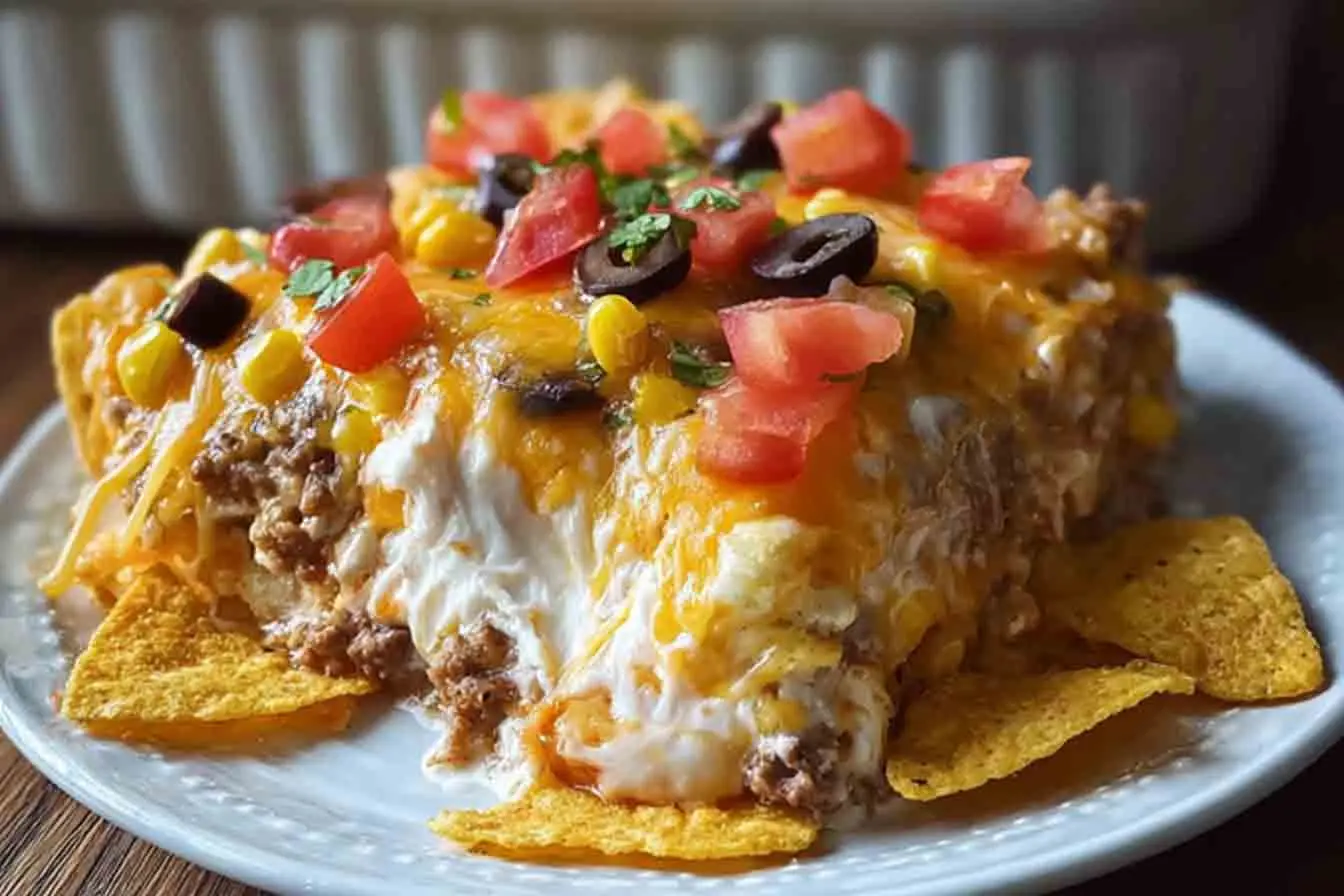 A close-up of a plated serving of Mexican White Trash Casserole, showing creamy layers of seasoned ground beef, corn, sour cream, melted cheese, and toppings like olives and fresh tomatoes, served over tortilla chips.