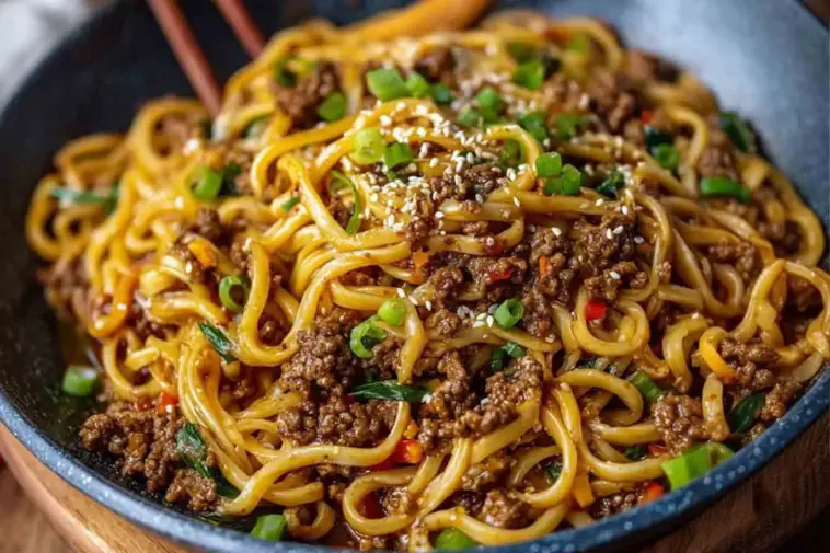 A close-up of Mongolian Ground Beef Noodles served in a bowl, topped with chopped green onions and sesame seeds, showcasing saucy noodles and crumbled beef in a rich brown glaze.