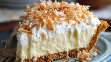 A close-up of a slice of no bake coconut cream pie with layers of graham cracker crust, creamy coconut filling, whipped topping, and golden toasted coconut flakes on a blue plate.