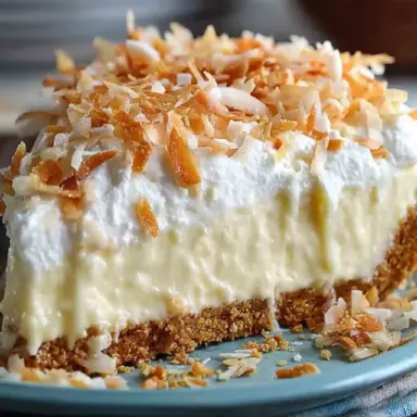 A close-up slice of no bake coconut cream pie on a blue plate, showing layers of graham cracker crust, creamy coconut pudding filling, fluffy whipped topping, and golden toasted coconut flakes.