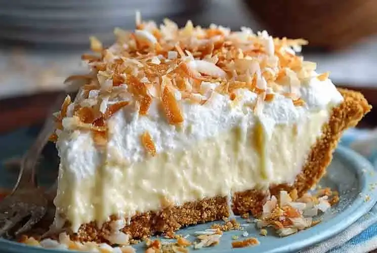 A close-up of a slice of no bake coconut cream pie with layers of graham cracker crust, creamy coconut filling, whipped topping, and golden toasted coconut flakes on a blue plate.