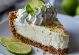 Close-up of a creamy no bake key lime pie slice with graham cracker crust, whipped cream, lime zest, and a lime wedge garnish on a white plate.