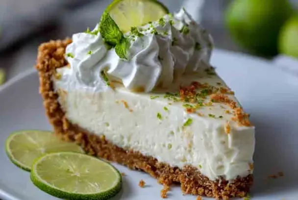 Close-up of a creamy no bake key lime pie slice with graham cracker crust, whipped cream, lime zest, and a lime wedge garnish on a white plate.