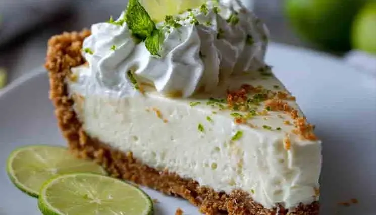 Close-up of a creamy no bake key lime pie slice with graham cracker crust, whipped cream, lime zest, and a lime wedge garnish on a white plate.