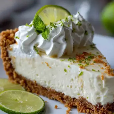 A slice of no bake key lime pie topped with whipped cream, lime zest, and a fresh lime slice, served on a white plate with a graham cracker crust.