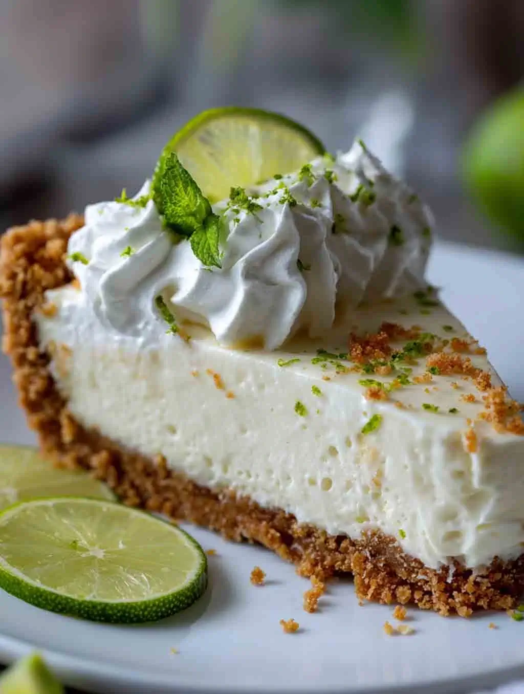 A slice of no bake key lime pie topped with whipped cream, lime zest, and a fresh lime slice, served on a white plate with a graham cracker crust.