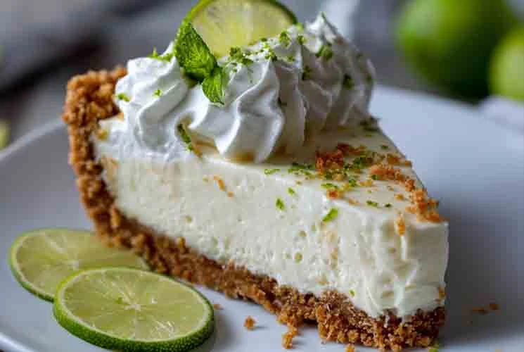 Close-up of a creamy no bake key lime pie slice with graham cracker crust, whipped cream, lime zest, and a lime wedge garnish on a white plate.