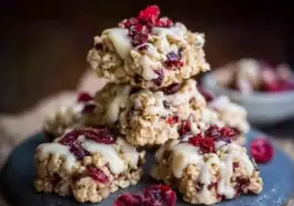 Stack of no-bake white chocolate cranberry oat clusters on a slate plate, drizzled with white chocolate and topped with dried cranberries.