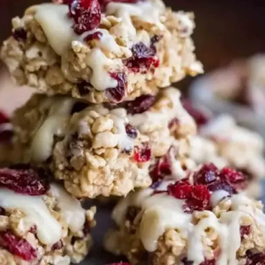 A close-up of stacked no-bake white chocolate cranberry oat clusters, drizzled with melted white chocolate and topped with dried cranberries on a dark background.