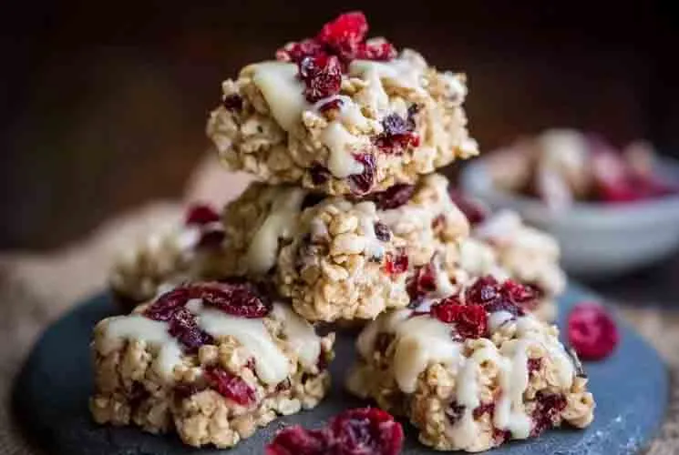 Stack of no-bake white chocolate cranberry oat clusters on a slate plate, drizzled with white chocolate and topped with dried cranberries.