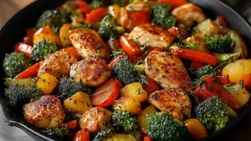Skillet filled with golden-brown chicken pieces, broccoli, carrots, bell peppers, and herbs, cooked together for a colorful and healthy one-pot meal.