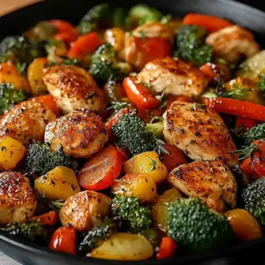 Skillet filled with golden-brown chicken pieces, broccoli, carrots, bell peppers, and herbs, cooked together for a colorful and healthy one-pot meal.