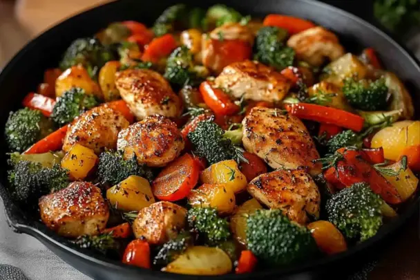Skillet filled with golden-brown chicken pieces, broccoli, carrots, bell peppers, and herbs, cooked together for a colorful and healthy one-pot meal.