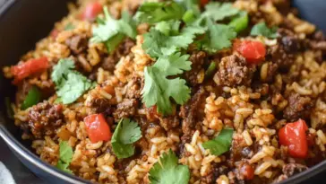 Close-up of one-skillet smoky honey chili beef rice topped with fresh cilantro and red bell peppers, served in a black bowl.