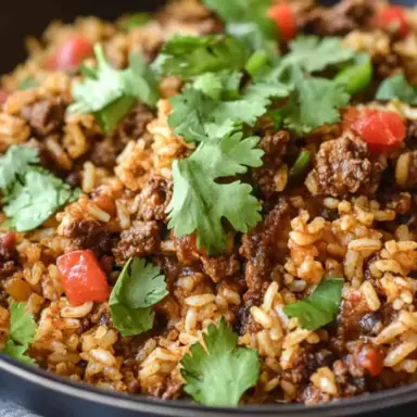 Close-up of one-skillet smoky honey chili beef rice topped with fresh cilantro and red bell peppers, served in a black bowl.