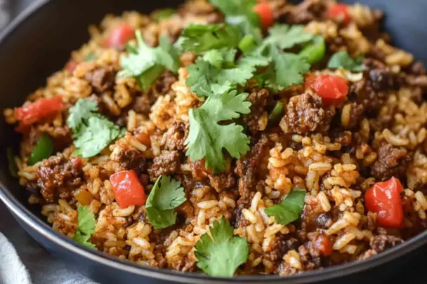 Close-up of one-skillet smoky honey chili beef rice topped with fresh cilantro and red bell peppers, served in a black bowl.
