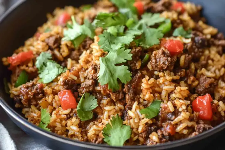 Close-up of one-skillet smoky honey chili beef rice topped with fresh cilantro and red bell peppers, served in a black bowl.