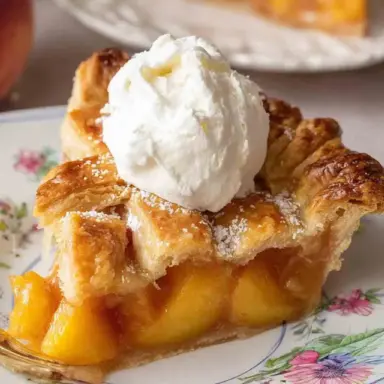 Slice of homemade peach pie with a golden flaky lattice crust, filled with juicy peach filling and topped with a scoop of whipped cream on a floral plate.