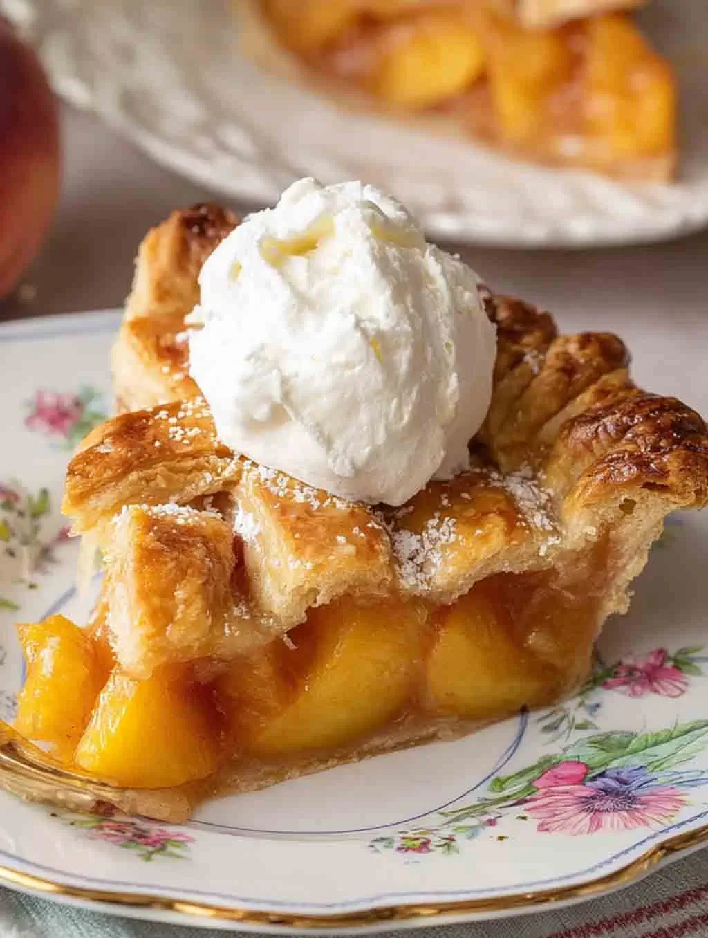 Slice of homemade peach pie with a golden flaky lattice crust, filled with juicy peach filling and topped with a scoop of whipped cream on a floral plate.