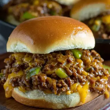 Close-up of a Philly Cheesesteak Sloppy Joe sandwich filled with cheesy ground beef, green peppers, and onions on a toasted bun, served on a wooden board.