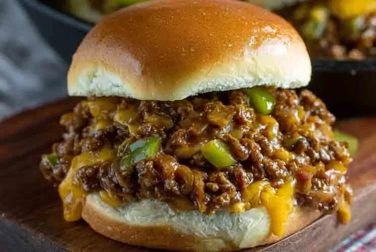 Juicy Philly Cheesesteak Sloppy Joe sandwich filled with cheesy ground beef, sautéed onions, and green peppers on a toasted bun, served on a wooden board.