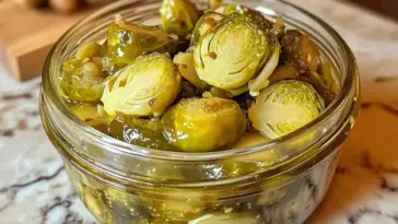 A clear glass jar filled with vibrant green pickled Brussels sprouts, halved and brined with garlic and spices, sitting on a marble countertop. The sprouts are glossy and crisp, perfect for snacking or garnishing.