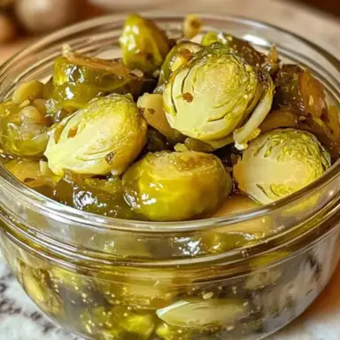 A clear glass jar filled with vibrant green pickled Brussels sprouts, halved and brined with garlic and spices, sitting on a marble countertop. The sprouts are glossy and crisp, perfect for snacking or garnishing.