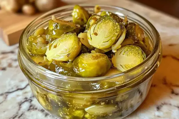 A clear glass jar filled with vibrant green pickled Brussels sprouts, halved and brined with garlic and spices, sitting on a marble countertop. The sprouts are glossy and crisp, perfect for snacking or garnishing.