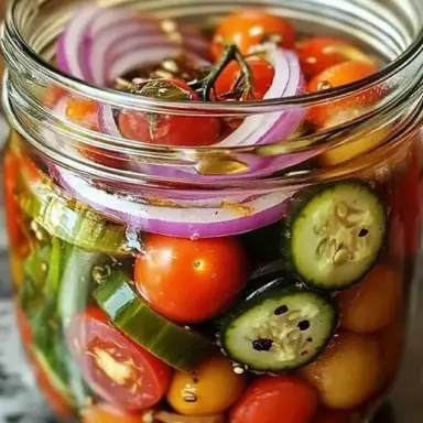 A glass jar filled with vibrant pickled cherry tomatoes, sliced red onions, and cucumbers in a clear brine, showcasing a colorful and crisp homemade vegetable pickle.