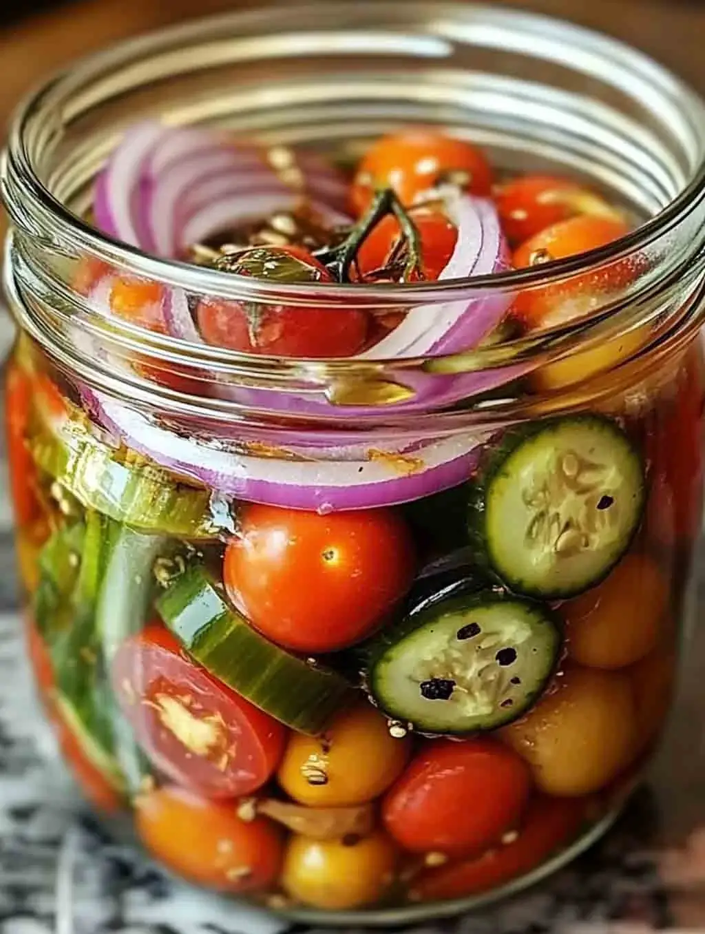 A glass jar filled with vibrant pickled cherry tomatoes, sliced red onions, and cucumbers in a clear brine, showcasing a colorful and crisp homemade vegetable pickle.