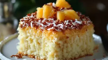 Close-up of a slice of pineapple coconut cake topped with caramelized pineapple chunks, shredded coconut, and toasted coconut flakes on a white plate.