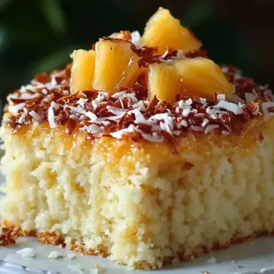 Close-up of a slice of pineapple coconut cake topped with caramelized pineapple chunks, shredded coconut, and toasted coconut flakes on a white plate.