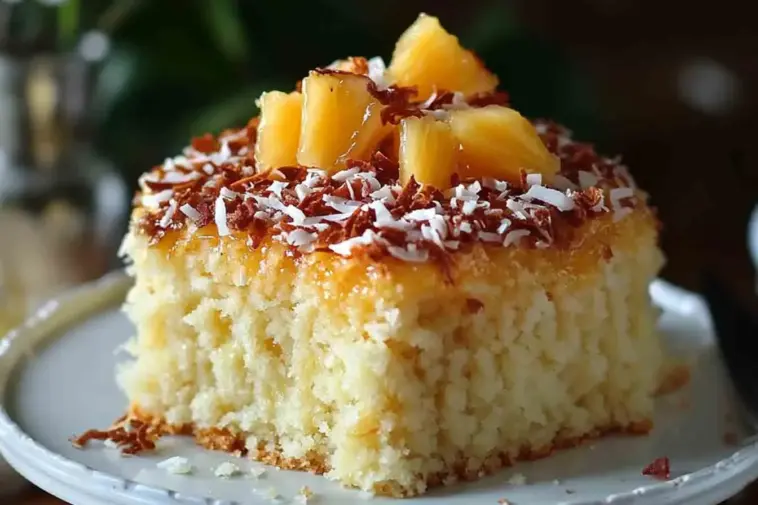 Close-up of a slice of pineapple coconut cake topped with caramelized pineapple chunks, shredded coconut, and toasted coconut flakes on a white plate.
