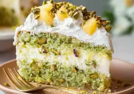 Slice of moist pistachio pineapple cake with whipped topping, crushed pistachios, and pineapple chunks on a plate with a gold fork.