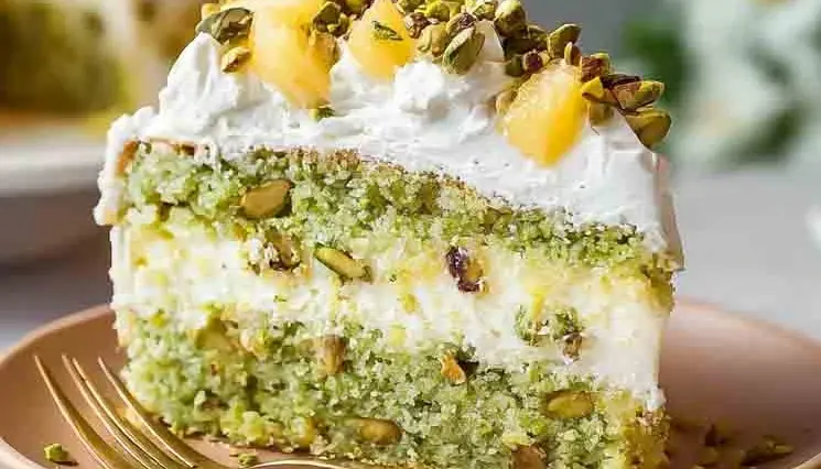 Slice of moist pistachio pineapple cake with whipped topping, crushed pistachios, and pineapple chunks on a plate with a gold fork.