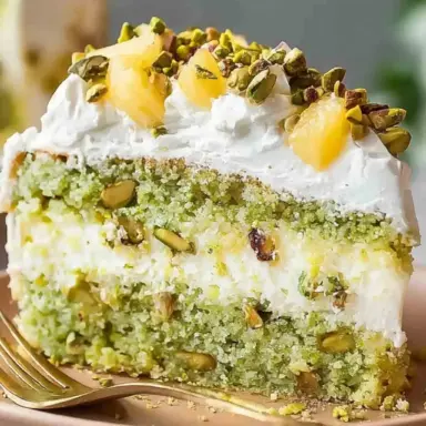 Close-up of a moist pistachio pineapple cake slice with whipped topping, chopped pistachios, and pineapple pieces, served on a peach-colored plate.