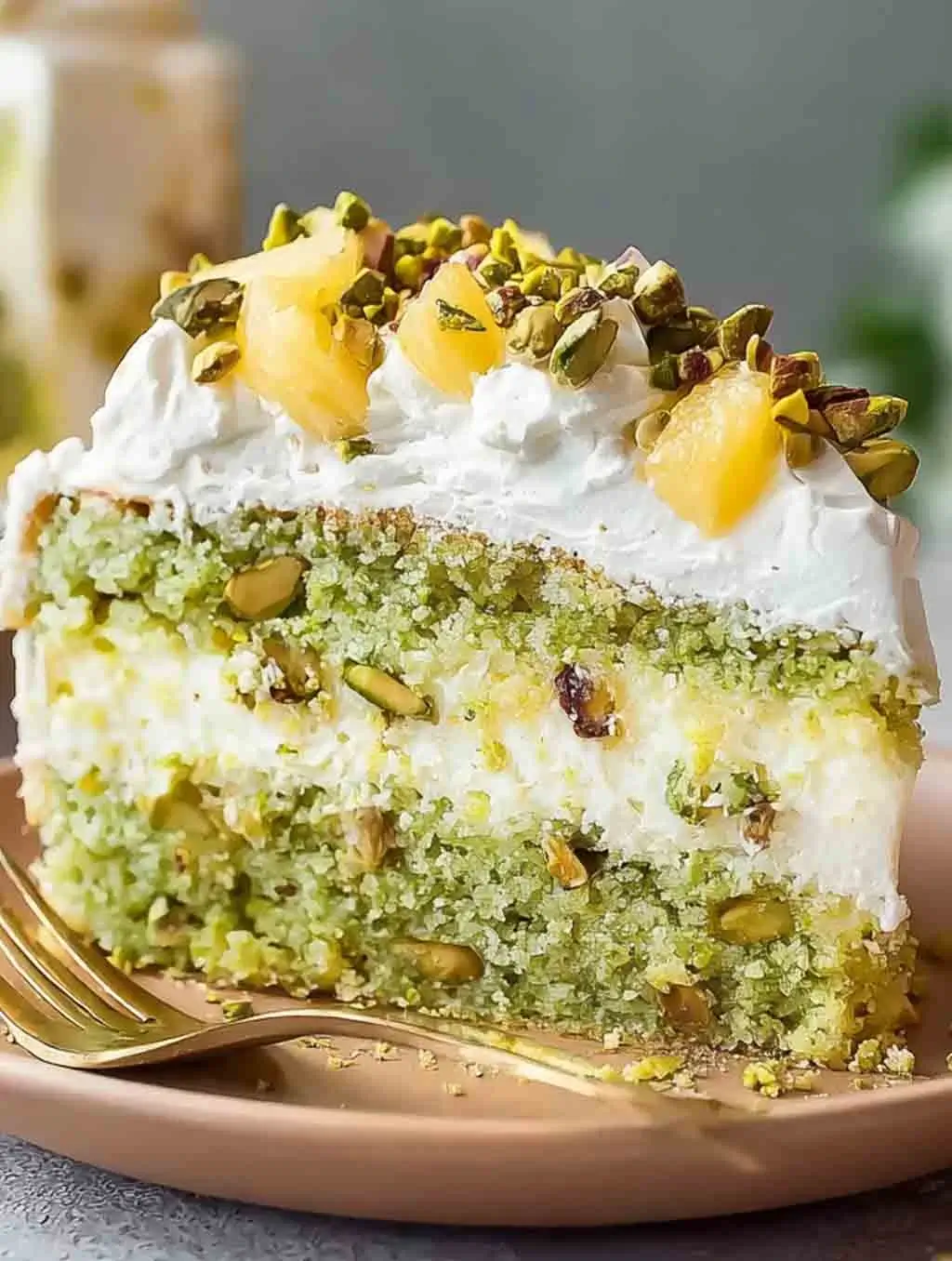 Close-up of a moist pistachio pineapple cake slice with whipped topping, chopped pistachios, and pineapple pieces, served on a peach-colored plate.