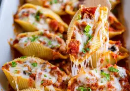 Close-up of cheesy pizza stuffed pasta shells filled with pepperoni, melted mozzarella, and pizza sauce, garnished with fresh parsley in a white baking dish.