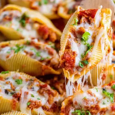 Close-up of cheesy pizza stuffed pasta shells filled with pepperoni, melted mozzarella, and pizza sauce, garnished with fresh parsley in a white baking dish.