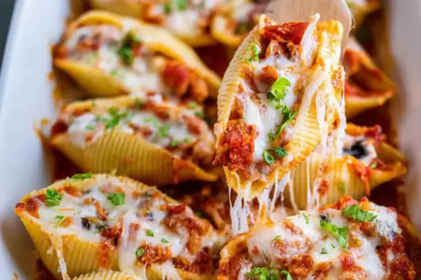 Close-up of cheesy pizza stuffed pasta shells filled with pepperoni, melted mozzarella, and pizza sauce, garnished with fresh parsley in a white baking dish.